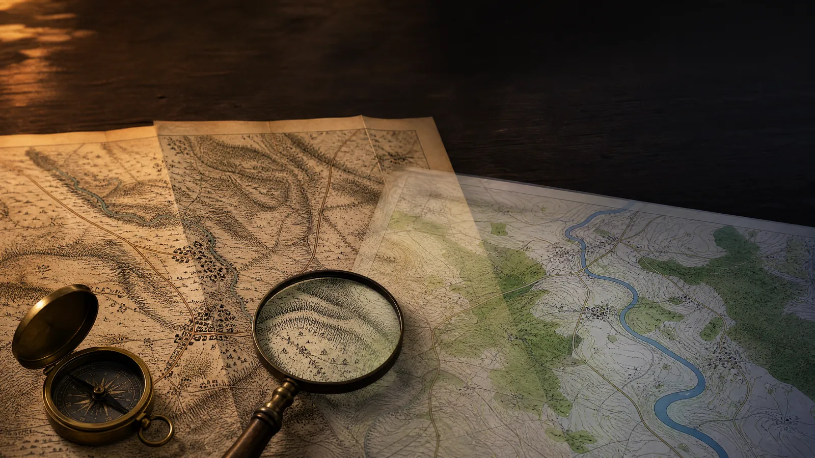 A historical and a modern topographic map with a compass and a loupe