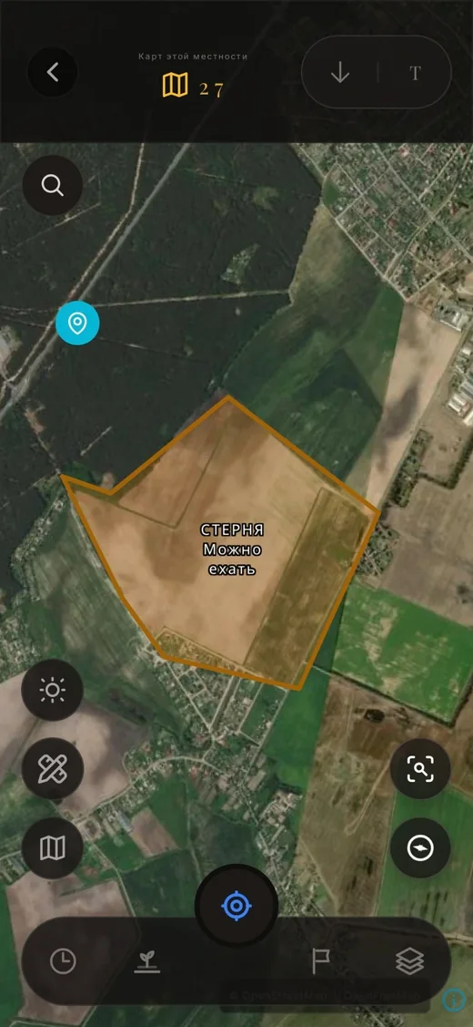 Discovera: a traced field on the satellite map labelled stubble, good to go
